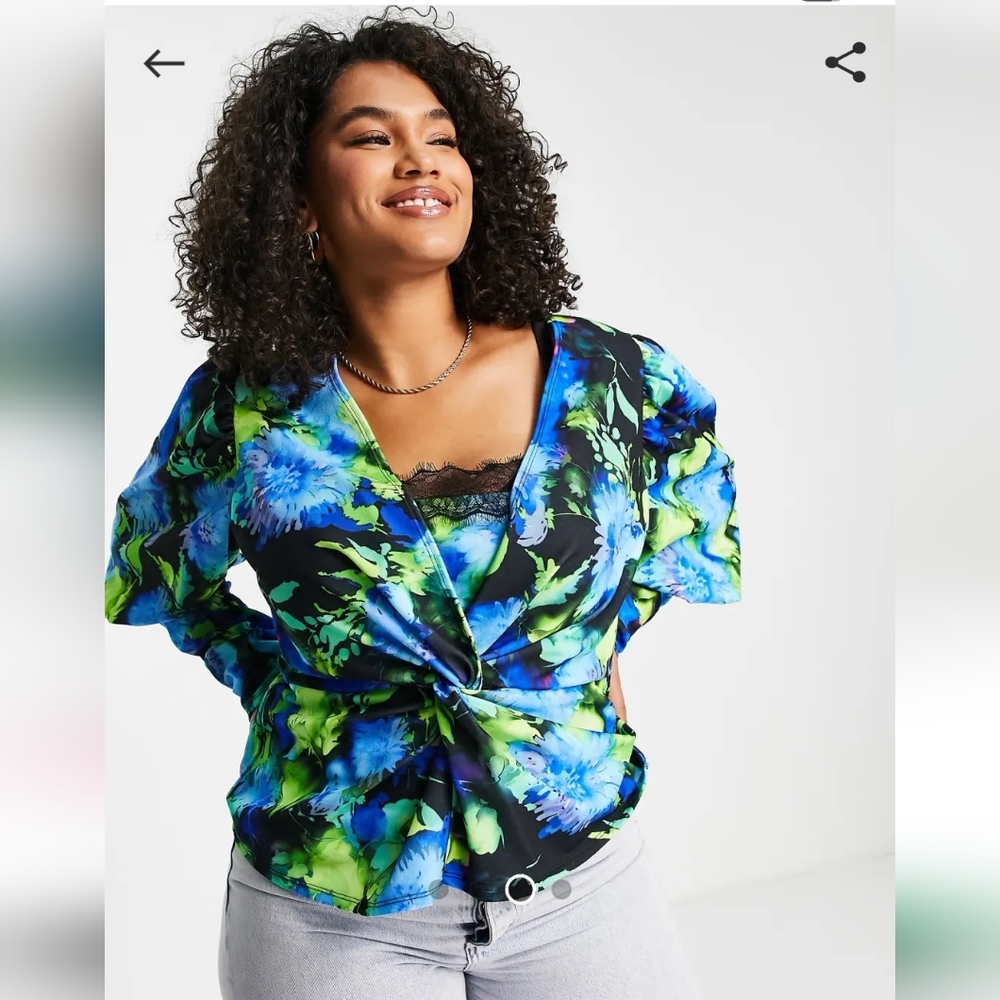 ASOS DESIGN Curve stretch blouse with lace detail in blue abstract floral